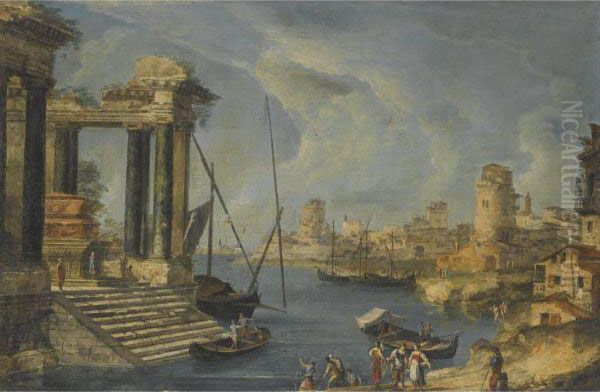 An Architectural Capriccio Of The Venetian Lagoon Oil Painting by Michele Marieschi