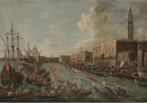 The Ducal Palace Seen From The Bacino, Venice With A Processionof Gondolas Oil Painting by Michele Marieschi