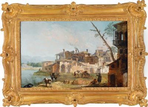 Capriccio Mit Einem Aneinem Fluss Gelegenen Dorf Oil Painting by Michele Marieschi