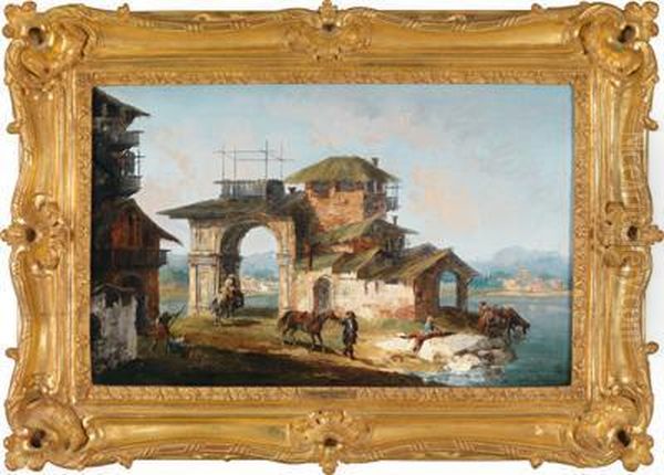 Capriccio Mit Reitern Voreinem Haus Mit Antikem Torbogen In Einer Flusslandschaft Oil Painting by Michele Marieschi