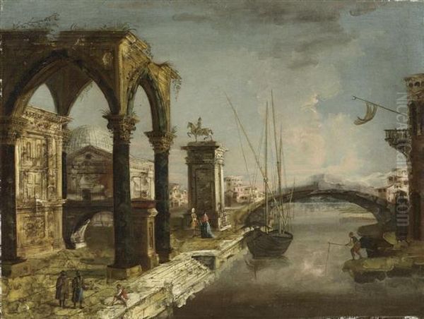 Pair Of Works:cappriccio With 
Triumphal Arch/ Capriccio With Gothic Portico Andarchitectural Elements. Oil Painting by Michele Marieschi