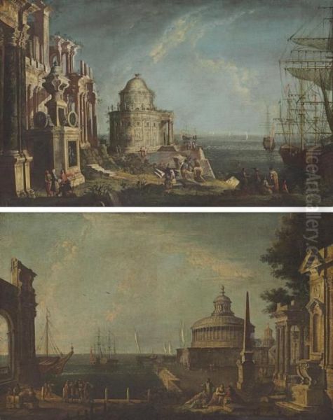 A Capriccio With A Temple And 
Elegant Figures By A Harbor; And Acapriccio With The Mausoleum Of 
Hadrian And An Obelisk With Figureson A Quay Oil Painting by Michele Marieschi