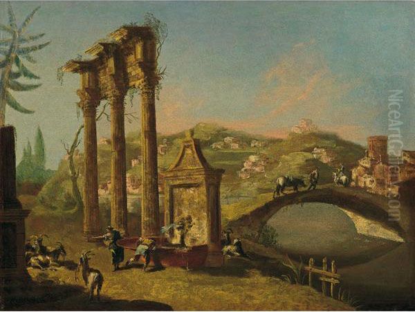 Capriccio Con Resti Architettonici Classici E Un Ponte Oil Painting by Michele Marieschi