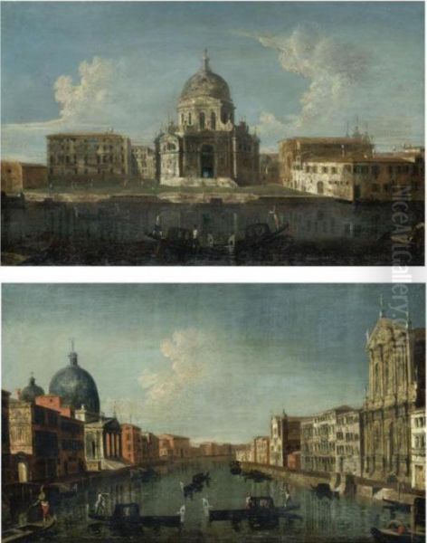 Venice, A View Of The Church Of Santa Maria Della Salute;
 Venice, A View Of The Grand Canal With The Chiesa Degli Scalzi Oil Painting by Michele Marieschi