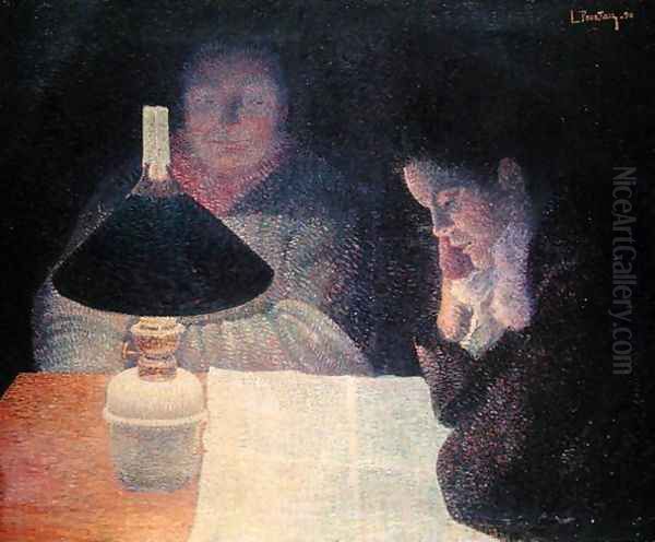 Reading under the Lamp, 1890 Oil Painting by Leon Pourtau