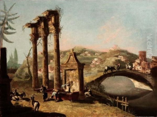 Paesaggio Con Fontana E Ruderi Di Colonnato, Gregge, Pastori, Ponte E Villaggio Oil Painting by Michele Marieschi