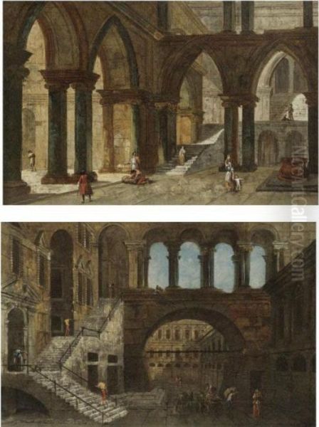 Architectural Fantasy With 
Gothic Arches; Architectural Fantasy With A Staircase In An Open 
Courtyard Oil Painting by Michele Marieschi