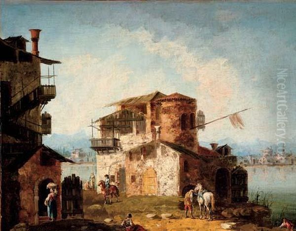 A Capriccio With Rustic Houses And Figures On Horseback Oil Painting by Michele Marieschi