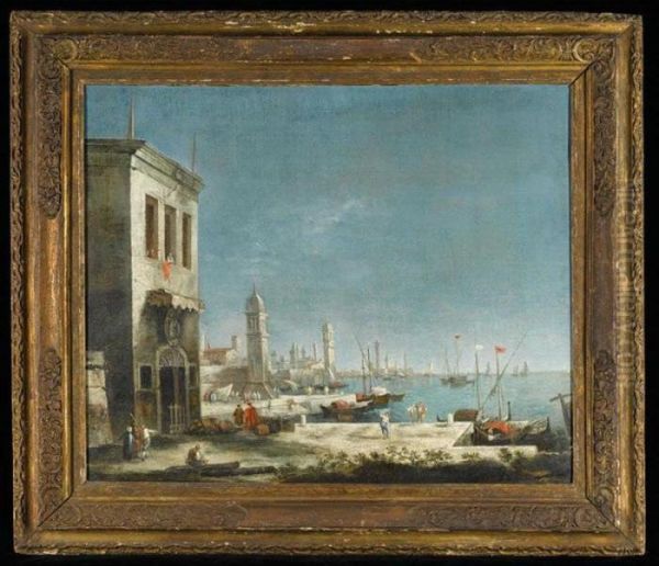 A Venetian Capriccio, With Figures On The Quay In The Forground, With Shipping Beyond Oil Painting by Michele Marieschi