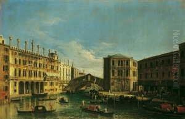 Venezianische Vedute Mit Der Von Norden Gesehenen Rialtobrucke. Oil Painting by Michele Marieschi