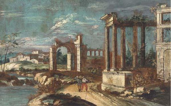 A Capriccio Of Classical Ruins With Peasants On A Track Oil Painting by Michele Marieschi