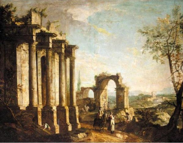 A Capriccio Scene With Figures Before Classical Ruins Oil Painting by Michele Marieschi