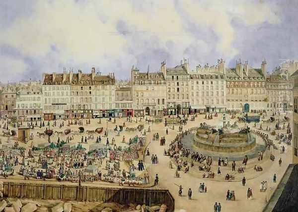 View of the Place de la Republique and the Fountain, 1848 Oil Painting by N. Pelcocq