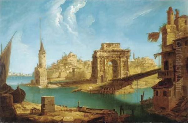 An Architectural Capriccio Of Roman Ruins And Other Buildings In The Laguna Oil Painting by Michele Marieschi