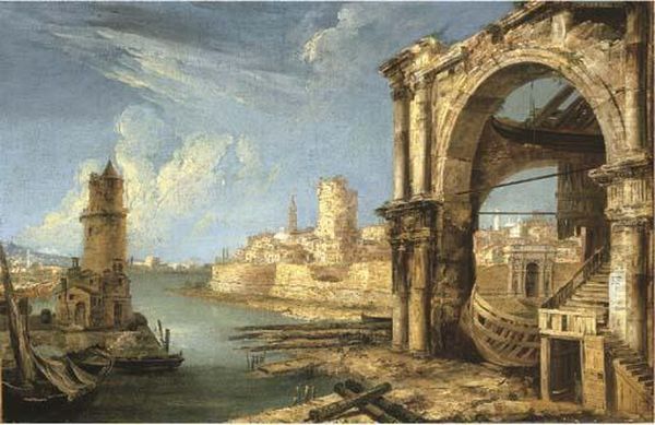 A Capriccio Of Roman Buildings With A Shipyard By A Lagoon Oil Painting by Michele Marieschi