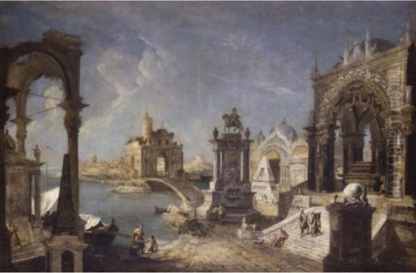 An Architectural Capriccio With Figures Oil Painting by Michele Marieschi