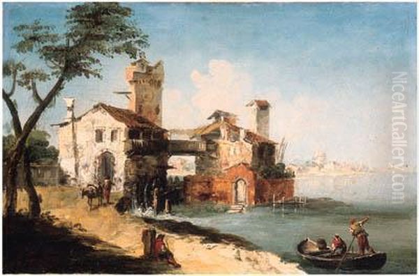 Capricci Of The Venetian Lagoon, With Boatmen And Peasants Oil Painting by Michele Marieschi