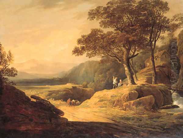 A cowherd and cattle on a track in a mountainous landscape Oil Painting by William Payne