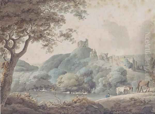 Horses grazing in a rural landscape with castle ruins beyond Oil Painting by William Payne