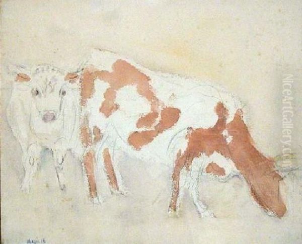 Cow And Two Year Old Bull Oil Painting by John Marin