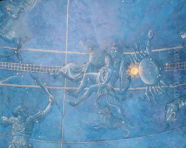 The Path of the Sun through the stars on the night of the 4th July 1442, detail of Gemini and Cancer, from the soffit above the altar, c.1430 Oil Painting by Giuliano dArrighi Pesello