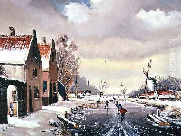 Skating in Winter Oil Painting by Johann Pottgiesser