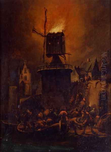 The Burning Windmill, 1662 Oil Painting by Adriaen Lievensz van der Poel