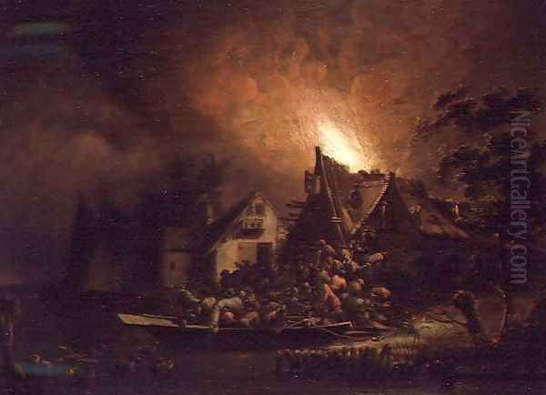 Villagers Struggling to put out a Cottage Fire Oil Painting by Adriaen Lievensz van der Poel