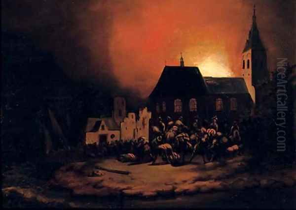 A burning village at night Oil Painting by Adriaen Lievensz van der Poel