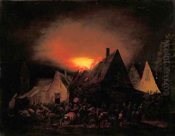 A townhouse ablaze with villagers trying to rescue Oil Painting by Adriaen Lievensz van der Poel