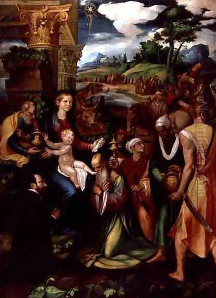 Adoration of the Magi with a Donor Oil Painting by Vincenzo da (Il Romano) Pavia