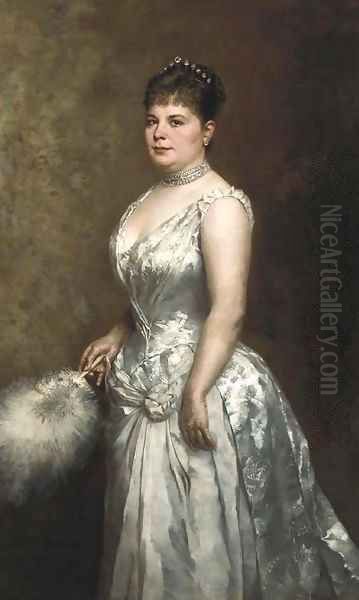 Portrait of an elegant lady wearing a white evening dress Oil Painting by Fritz Paulsen