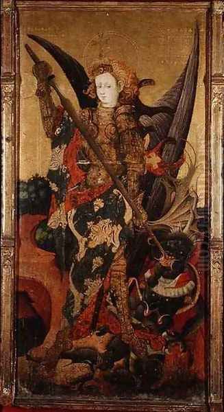 St. Michael Killing the Dragon or Vanquishing the Devil, early 15th century Oil Painting by Gonzalo Perez