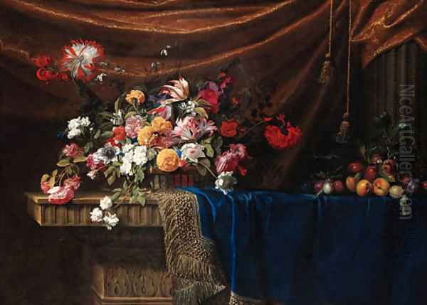 Tulips, roses, lilies, carnations, morning glory and other flowers in a basket, plums on a branch with a snail and peaches on blue velvet Oil Painting by Jean Picart