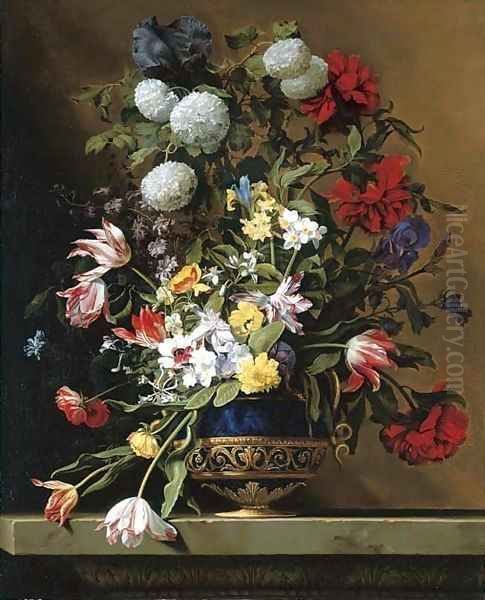 Chrysanthemums, tulips, irises, peonies and other flowers in a lapis vase with gilt ormolu on a sculpted stone ledge Oil Painting by Jean Picart