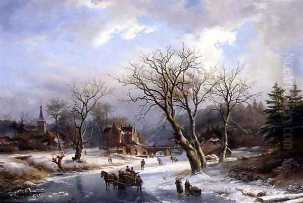 Figures Skating on a Frozen River Before a Village Oil Painting by Albert Jurardus van Prooijen