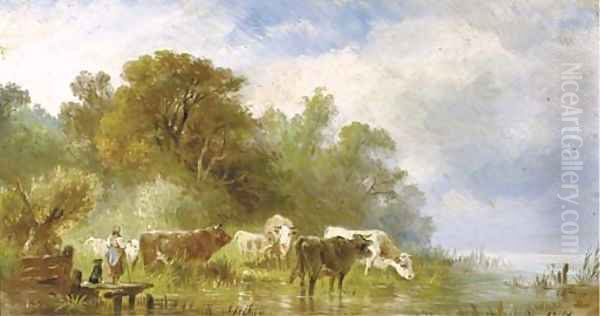 Cattle by the waterside Oil Painting by Albert Jurardus van Prooijen