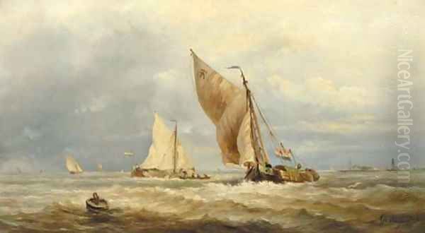 Sailing vessels in a stiff breeze Oil Painting by Albert Jurardus van Prooijen