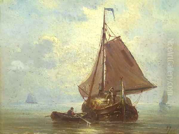 A haybarge in a calm by Albert Jurardus van Prooijen