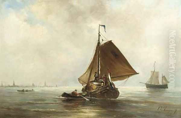 A haybarge on the IJ, Amsterdam in the distance Oil Painting by Albert Jurardus van Prooijen