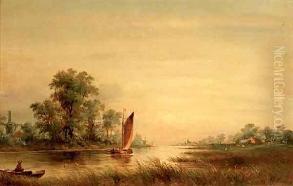 On a river at sunset Oil Painting by Albert Jurardus van Prooijen