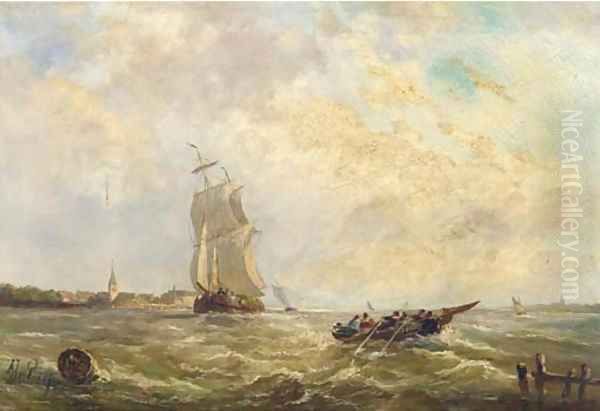 Sailing activities in a river estuary Oil Painting by Albert Jurardus van Prooijen