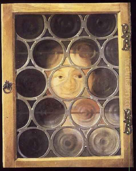 Trompe LOeil of a Boys Face through a Window Oil Painting by Joseph Plepp