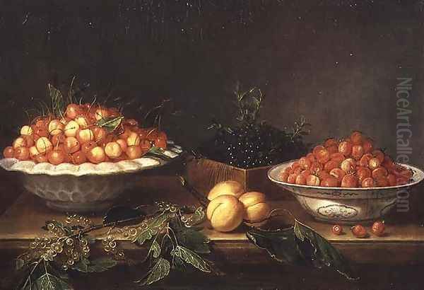 Still-life with fruit in porcelain dishes and a wooden box Oil Painting by Joseph Plepp