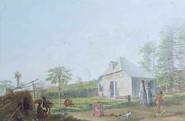 Colonial children playing outside the house in the Reunion Island, 1793 Oil Painting by Jean-Joseph Patu de Rosemont