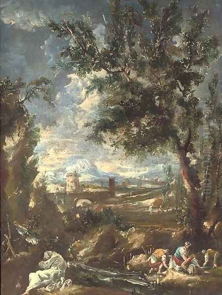 A wooded river landscape with a washerwoman and her two helpers, a monk praying in the foreground Oil Painting by Antonio Francesco Peruzzini