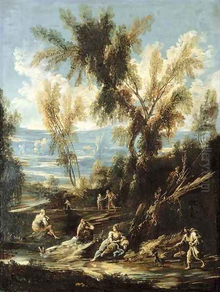 A wooded river landscape with washerwomen and other figures Oil Painting by Antonio Francesco Peruzzini