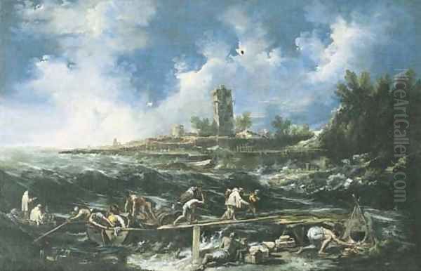 Castaways landing on the beach after the storm, a village beyond Oil Painting by Antonio Francesco Peruzzini