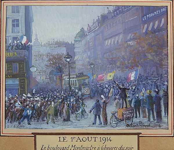 Joyful reception by Parisians of the news of the Declaration of War on the 1st August 1914 Oil Painting by Robert Prevost