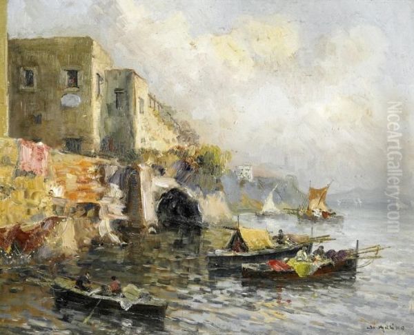 Fishingboats Along The Coast Oil Painting by Francesco Marino Di